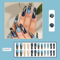 Long coffin fake nails set featuring blue gradient design with gold foil and line art - LF527 Deep Blue Gradient Gold Lines