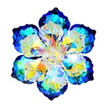 Macro shot of faceted crystal flower brooch with sapphire blue and AB gradient petals - Blue