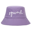 Purple cotton bucket hat with white Squad cursive embroidery on clean white background - Violet Squad