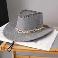 Detail of grey sun hat with ethnic beaded band, metal eyelets, and adjustable chin strap - Adult (55-60cm) / Gray