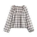 Damenbluse mit Schwarz-Weiß-Karomuster, Laternenärmeln und strukturierter Textur - XS / Tops