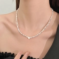 French style silver heart necklace with crushed silver beads and pearl accents for women - Mini Heart Pendant Necklace (G-516) / Bright Silver