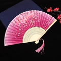 Pink cherry blossom folding fan with light wood frame and matching tassel pendant - Style 39