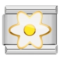 Italian charm link in silver stainless steel featuring a white flower with golden edges - Gold Bordered White Flower Style (C1168)