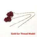 Detailed close-up of handmade wine red garnet grape cluster earrings with gold ear wires - Gold Ear Threader Pair / Gold
