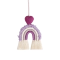 Detailed view of handmade woven cotton rainbow and purple heart car hanging ornament - Purple Rainbow