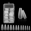 Detailed view of clear long coffin false nails in a storage box with multi-size options - QSW16 (120Pcs Boxed)