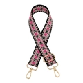 Ethnic wide shoulder strap with pink geometric embroidery and gold metal clips - Black Pink White Rhombus