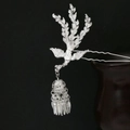 Detailed silver phoenix hair stick with intricate tassel charms and hollow filigree beads - Spreading Phoenix Hollow Tassel (F171)