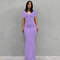 Detail of a purple short-sleeved maxi dress with slim fit mermaid silhouette for women - Violet