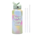 Pink-blue gradient 1L stainless steel water bottle with straw, brush, and handle - Light Green 28A