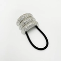 Silver metallic crinkled bow hair tie with a black high-elastic rubber band accessory - Triple Row Hammered / Silver