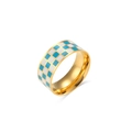 18K vergoldeter Edelstahlring mit blau-weißem Emaille-Schachbrettmuster für Damen - US 6 / Blau Weiß
