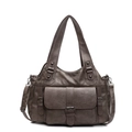 Deep brown soft leather tote bag with adjustable shoulder strap and multiple pockets - Khaki