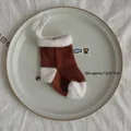 Knitted mini Christmas stocking ornament in brown and cream, size 12cm x 7cm - Coffee White Patchwork Large Sock