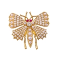 Golden butterfly brooch with white pearls and sparkling rhinestones in vintage style - Artificial Pearl Butterfly Inlaid Style (KC0089)