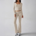 Ensemble tricot beige deux pièces pour femme avec haut court et pantalon évasé - S / Kaki clair