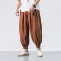Men's loose harem pants in caramel brown color with elastic ankles and linen texture - M / Coffee