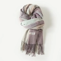 Soft plaid cashmere blend scarf with tassels in pastel pink, sage green and beige tones - 200x70cm / Purple Grey