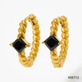 Vintage golden twist hoop earrings with emerald-cut black stone inlay and spiral texture - Gold Black Stone Style (KDE712)