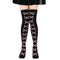 Detail of black over-knee high socks with pink crossbone patterns for Halloween outfit - One Size / Pink Bone/Black