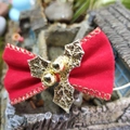 Red velvet Christmas bow tie for pets with golden holly leaves and bell decorations - Style 37-Red Velvet Gold Leaf Bell