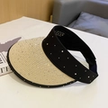 Women's rhinestone open top straw hat with wide brim for sun protection, 54cm-58cm - Rhinestone Wide Brim Visor / Beige
