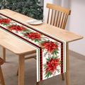 Christmas table runner with red poinsettias and pine cones on a rustic wooden dining table - 181x35.5cm / Black Red Grid Edge Poinsettia