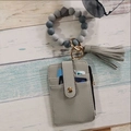 Grey PU leather card holder wallet with silicone bead bracelet and tassel keychain - Gray