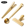 Set de clips de cocina dorados de acero inoxidable con cuchara medidora de sellado - Juego de 3-Dorado