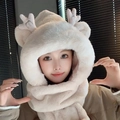 Écharpe à capuche en peluche beige avec bois de renne et broderie pailletée pour l'hiver - Adulte / Ensemble 3 pièces amélioré / Blanc