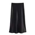 Detail of elegant black satin midi skirt featuring silky texture and A-line silhouette - Black