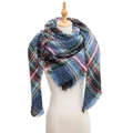 Classic plaid knit scarf with blue, red and green checks and tassel fringe on mannequin - 135x135x200cm / SJ-13# Blue