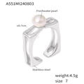 Gold plated stainless steel square ring with a freshwater pearl in a minimalist style - Size 7 (Adjustable) / Steel
