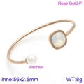 Rose gold stainless steel open bangle with shell pearl and square gemstone inlay - Rose Gold With Square White Stone (KB123000-K)