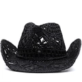 Classic hollowed-out black woven straw cowboy hat with stylish wide upturned brim - M (56-58cm) / Black