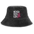 Schwarzer Fischerhut aus gewaschenem Denim mit rosa Schleife und Never Give Up Stickerei - Fischerhut / Schwarz