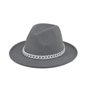Classic grey wool fedora hat for women and kids with a stylish white chain band detail - Adult 57-60cm / Grey with White Chain