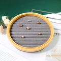 Round bamboo jewelry display tray with grey velvet grooves for rings and studs - Continuous Slot / Gray