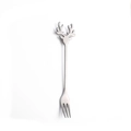 Silver stainless steel dessert fork with elegant elk antler handle design on white backdrop - 410 Stainless Steel Elk Fork / Silver