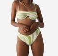 Detail of green and white wave pattern bikini set with gold chain necklace - M / Green