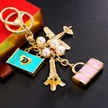 Golden Eiffel Tower and pink handbag charm keychain with pearls and blue suitcase - Airplane Tower Handbag Set