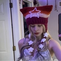 Handmade crochet cat ear beanie with red orange gradient stripes and star pendants - Adult 56-59cm / Red Gradient