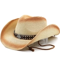Cappello da cowboy in paglia sfumata con fascia in pelle borchiata e laccio regolabile - M(56-58cm) / Beige Rosso Ruggine