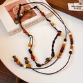 Collier bohème avec perles en bois colorées et long cordon en corde tressée marron - 7# Collier-Café (Gland de Perles en Bois Multicolore)