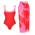 Detail of red one-piece swimsuit with pink buckle straps and matching geometric sarong set - S / Square Buckle Color Block One-Piece + Sarong Set