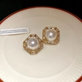 Detail of vintage gold octagonal earrings with inlaid zircon and a center white pearl - 33# Silver Post Style (33#)