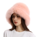 Close-up of pink faux fur bucket hat showing high-quality plush texture and soft material - Flesh Pink