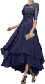 Navy blue evening dress with lace embroidery and high-low chiffon skirt design - US 2 / Top And Bottom / Dark Blue