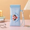 Mini makeup pouch featuring pink and blue stripes with a cartoon dog and wrist strap - Blue Striped Dog